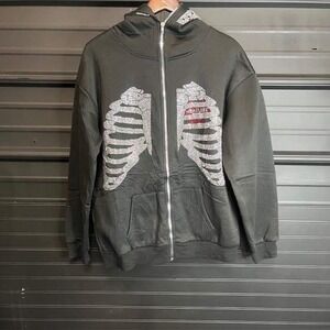 Skeleton Rib Cage Zip‎ Up Hoodie Rhinestone Skull Jacket Womenswear